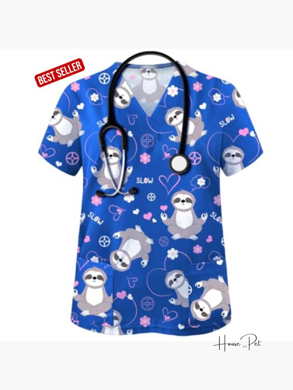 V Neck Cute Printed Scrub Top With Pockets - Short Sleeve Nurse Uniform View 4
